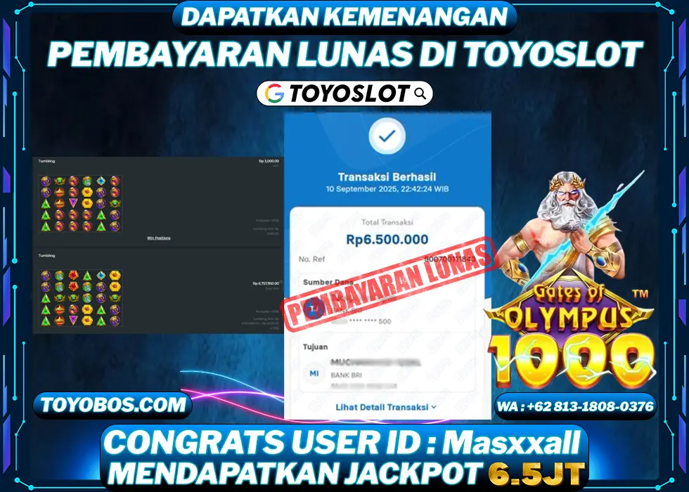 TOYOSLOT - BUKTI KEMENANGAN Gates Of Olympus 1000x Rp6,500,000,- LUNAS